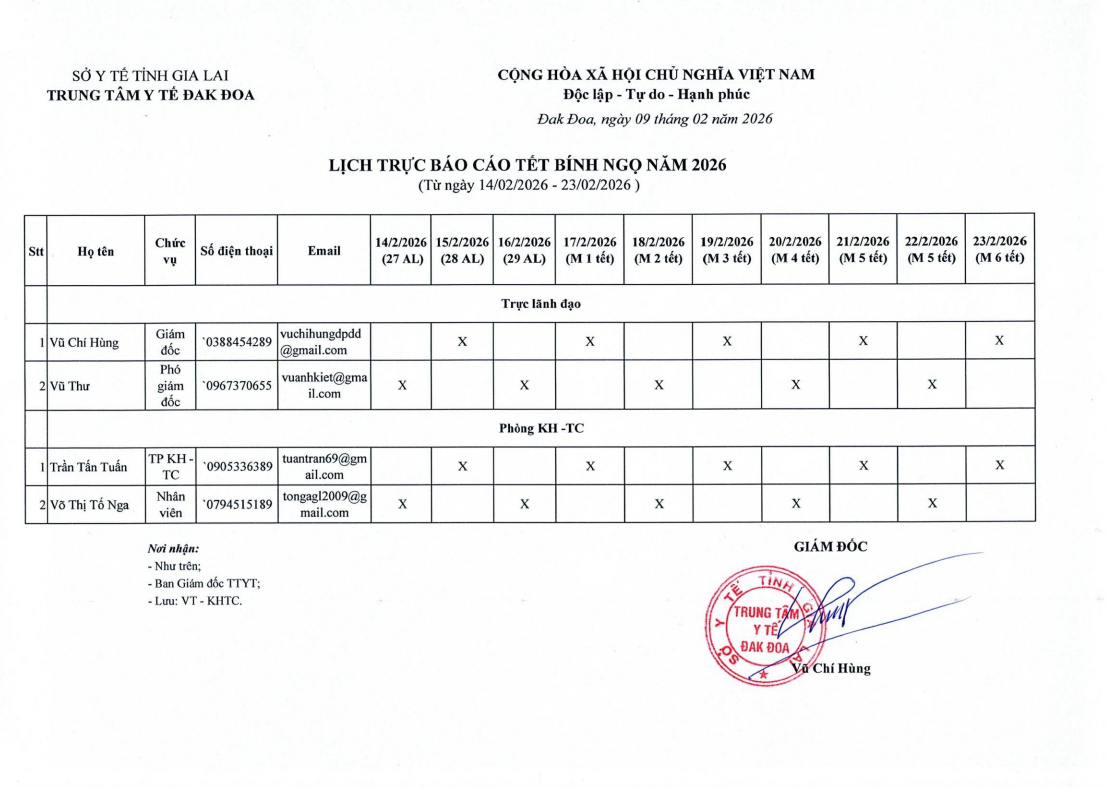 LICH TRỰC BÁO CÁO TẾT BÍNH NGỌ NĂM 2026